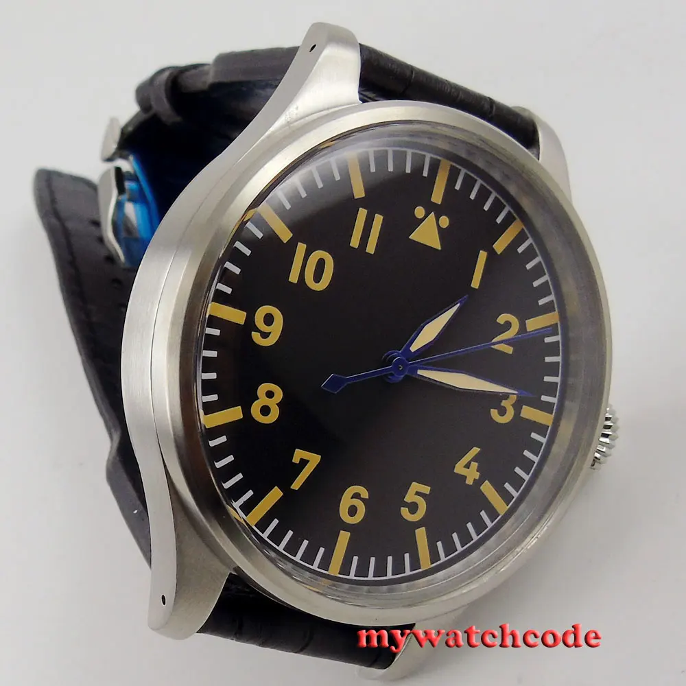 55MM Parnis black dial leather strap deployment clasp automatic mens