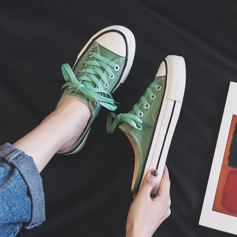 Women Canvas Shoes Lady Loafers Slipon Sneaker Women Canvas Shoes Vulcanized Lace Up Semi-slippers Solid Color Classic All Match