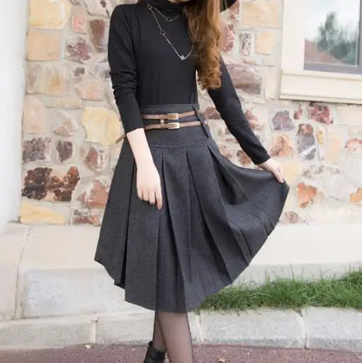 Осенне-зимняя шерстяная юбка для женщин, большие размеры, длинная юбка средней длины, плиссированная юбка с высокой талией, черные, серые шерстяные юбки для женщин RQ265