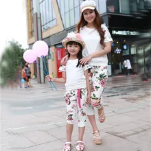 summer style 2016 Family fitted fashion mother&girl dress set loral short-sleeved T-shirt+Shorts Pants Track suit Family fitted