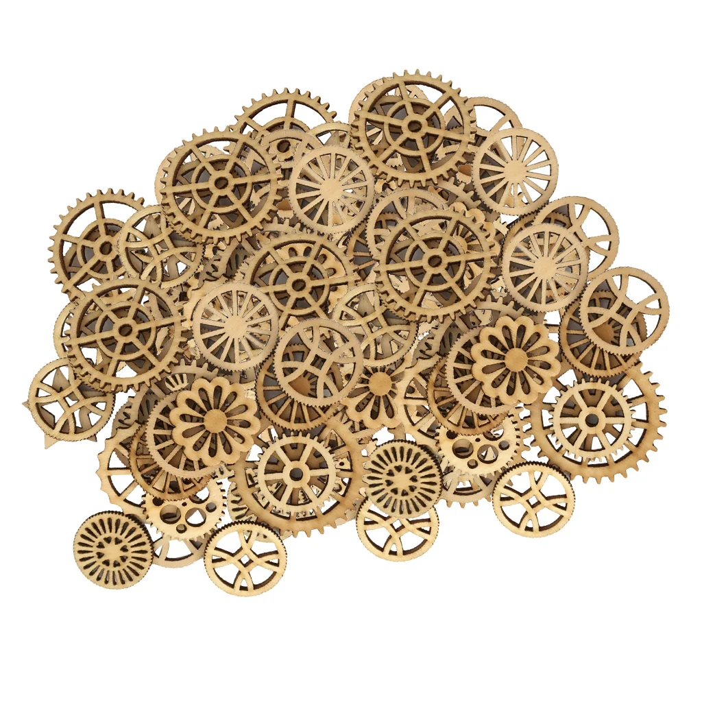 100x Assorted Size Wooden Gear Craft Embellishment Gift Tag Wood Ornaments for Scrapbooking Painting Drawing Craft 25-50mm
