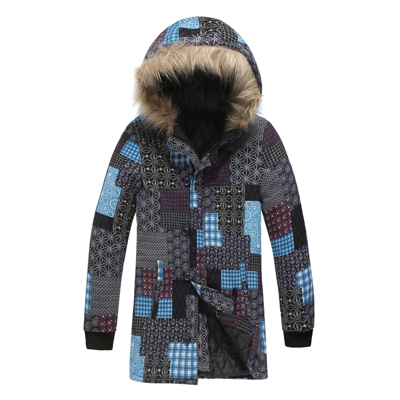 

MJARTORIA 2019 Casual Print With Fur Collar Hood Fashion Winter Warm Overcoat Male Clothing Thermal Thickening Parkas