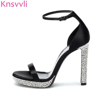

New Silver Rhinestone High Heels Sandals Women Luxury Black Silk Peep Toe Sexy Runway banquet Shoes Woman Platforms Sandalias