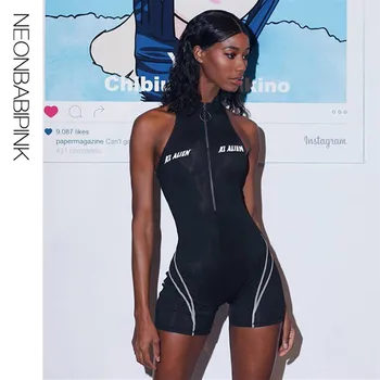 

NEONBABIPINK Sexy One Piece Romper Zip Up Bodycon Letter Striped Jumpsuit Sports Wear for Women Gym Biker Playsuit N87-AC17