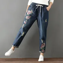 Harajuku Boho повседневные этнические винтажные Ретро вышитые цветочные эластичный пояс джинсовый, синие джинсы брюки женские брюки весенние Капри