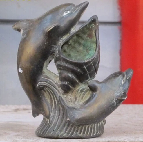 

003819 China archaic sculpture vivid lively bronze ART Dolphins and conch statue