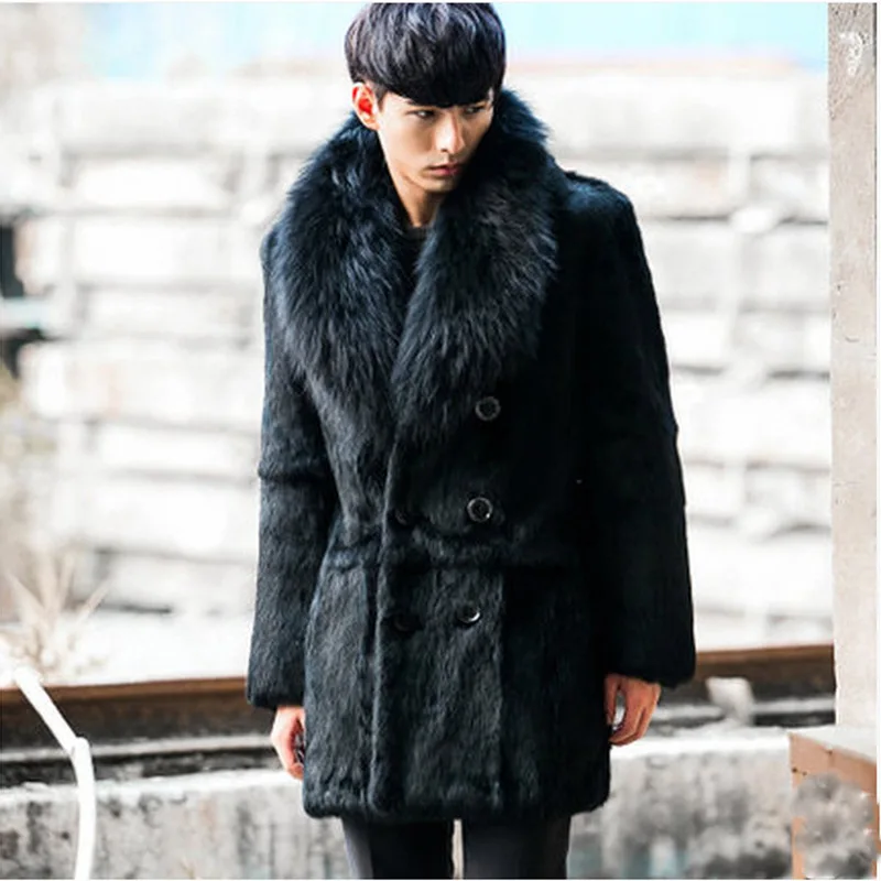 Clobee/ зимние меховые пальто с воротником из искусственного меха лисы для мужчин, черная кожаная куртка больших размеров, теплая верхняя одежда XL768