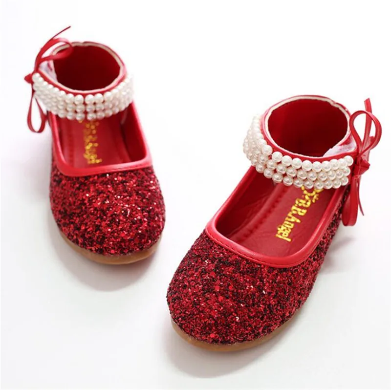 Weoneit/Серебристые Красные Блестки вечерние свадебные туфли на плоской подошве для маленьких девочек; нарядная обувь принцессы с блестками для девочек - Цвет: red