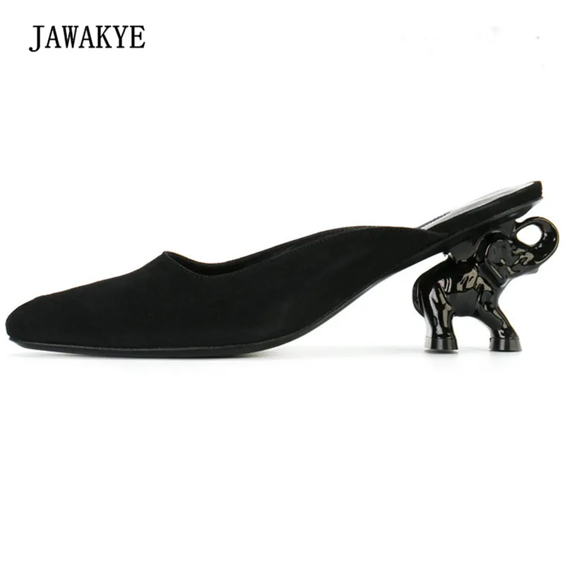 

2017 The Elephant Heel Slipper Women Round Toe High Heel Shoes Woman Fashion Black Suede Strange heel Muller Shoes