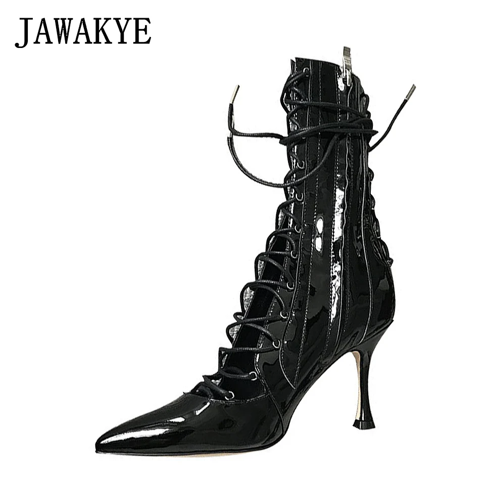 New Summer Boots Women Gladiator Sandals Pointed toe patent leather Cut outs lace up High Heel boots Pumps Lace Up Ankle boots chaco women s uma lace up boots