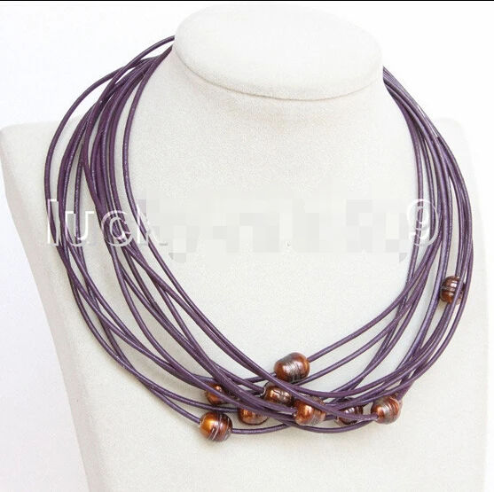 

Free shipping@@@@@ A Genuine 10 piece 11mm coffee cultured pearl purple leather necklace E9375 a