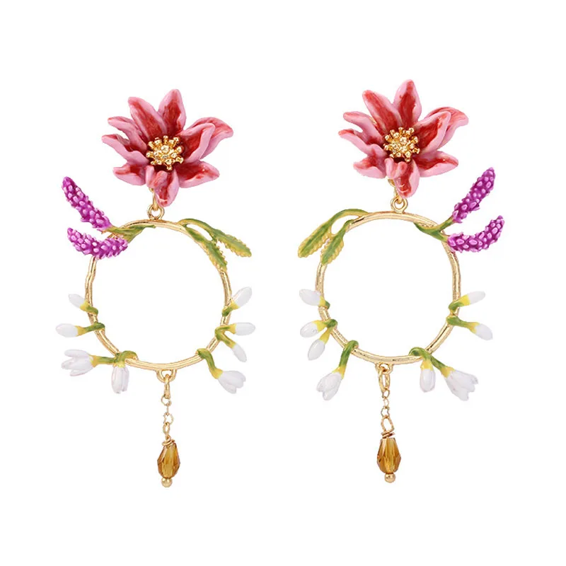 

Enamel Glaze Romantic Statement Flowers Drop Earrings For Women Sweet Elegant Wreath Earrings Lady Party Jewelry