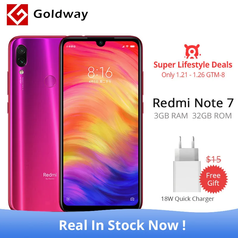  Новый оригинальный Xiaomi Redmi Note 7 3 Гб оперативная память 32 Встроенная мобильный телефон Snapdragon 660 Octa Core 48MP + 5MP камера 4000 мАч 6,3 "полный экран 