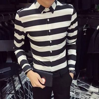 Классический в широкую полоску рубашка Мужчины корейской Slim Fit отложным воротником рубашки бизнес торжественная одежда с длинными рукавами Повседневная рубашка человек - Цвет: Черный