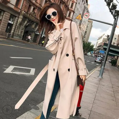 

Trench Coat for Women 2019 Casual Slim Double Breasted Spring/Autumn Long Coat Women's Khaki/Black/Blue Overcoat with Pocket