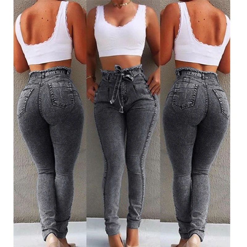 High Waist Jeans For Women Slim Stretch Denim Jean Bodycon Tassel Belt Bandage Skinny Push Up mom jeans ladies boyfriend jeans