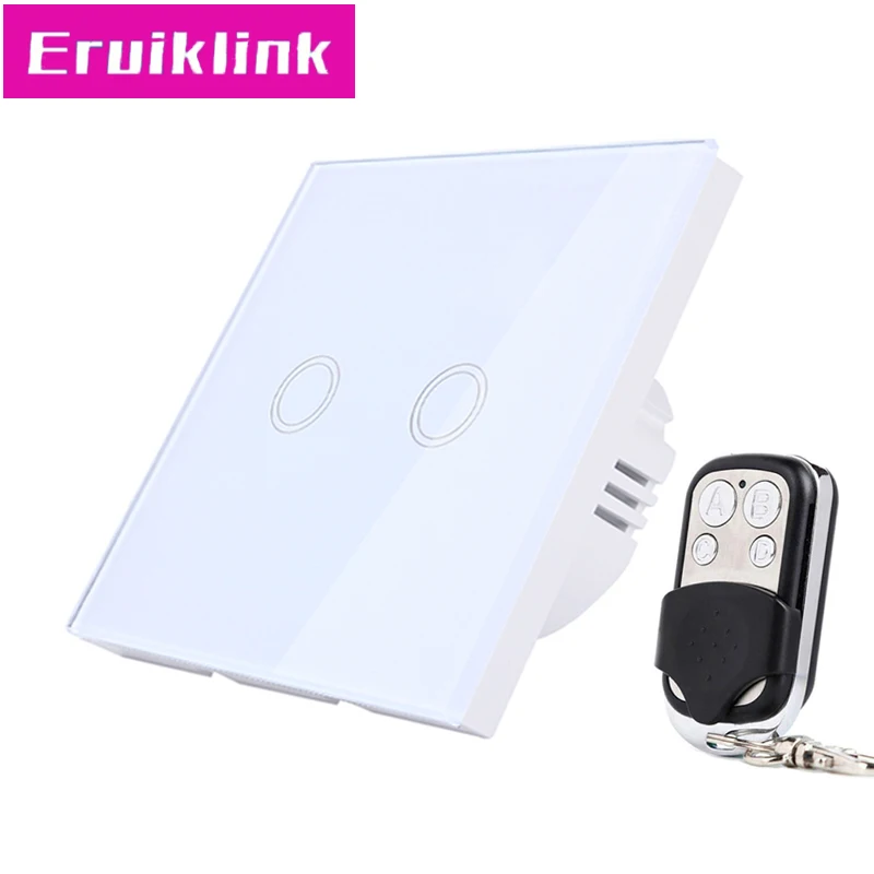 2gang Switch with RC ЕС/Великобритания Стандартный настенный светильник переключатель, 1/2/3 местный 1 позиционный белый Стекло Панель 220V RF433 умный дом удаленного Управление сенсорный выключатель - Цвет: 2gang Switch with RC