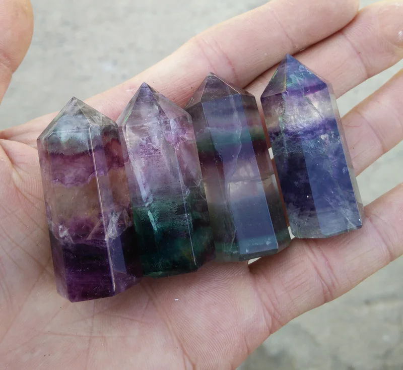 

68066+++4pc Natural mixing color fluorite crystal ornaments single hexagonal prism tip 5 cm left right
