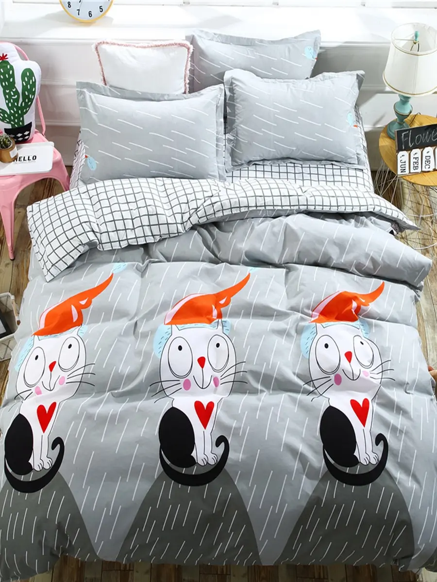 

4 Pcs Bed Cover Set Cartoon Cat Pattern Comfy Bedding Set