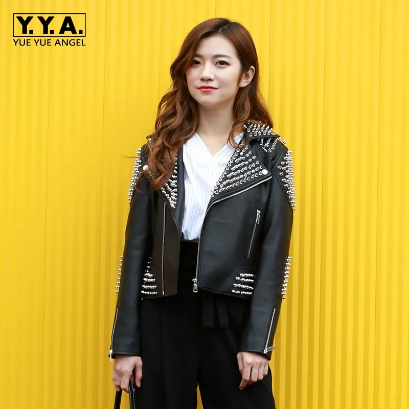 

Spring Autumn Black Motor Jacket Slim Full Rivet PU Leather Jacket For Women Short Coat Women Faux Leather Chaquetas De Mujer
