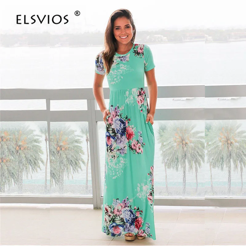 ELSVIOS, женское богемное летнее платье с цветочным принтом,, повседневное, короткий рукав, Круглый ворот, Пляжное, бохо, длинное платье, свободные, макси платья, Vestido