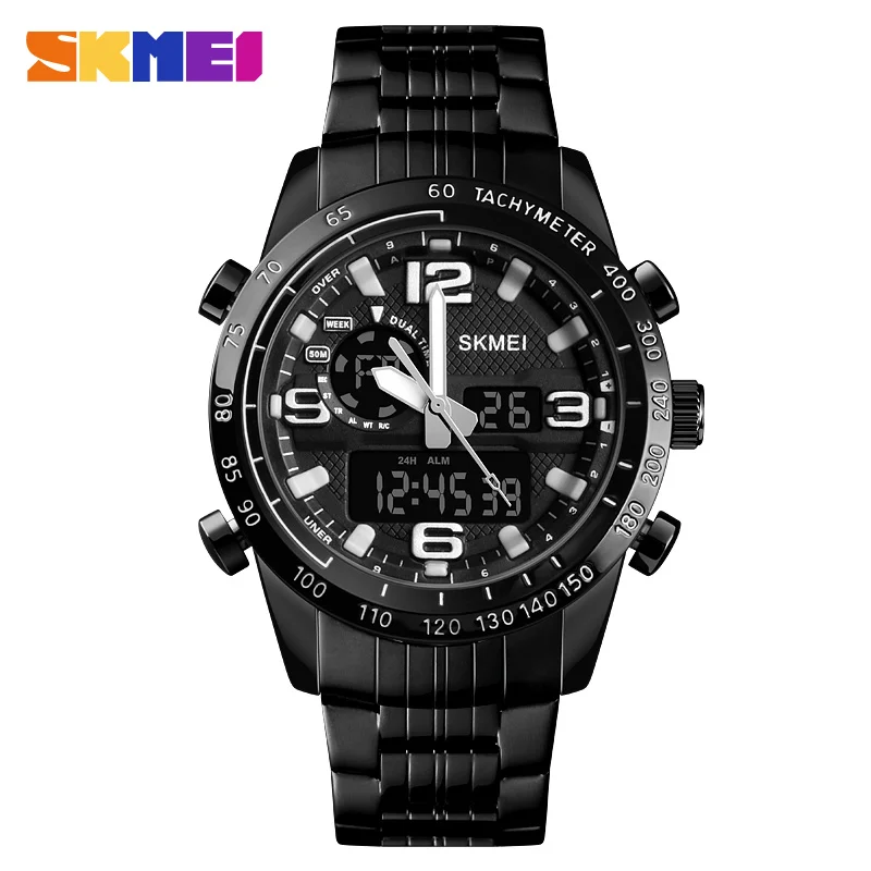 SKMEI Элитный бренд Для мужчин Военные Спортивные часы Для мужчин цифровой кварцевые часы Полный Сталь Водонепроницаемый наручные часы relogio masculino - Цвет: Black Watch