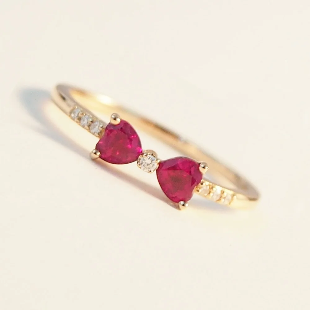 

Women's Ruby and Diamond Ring 14K Gold Bow and Red Crystal Engagement Rings Band Jewelry