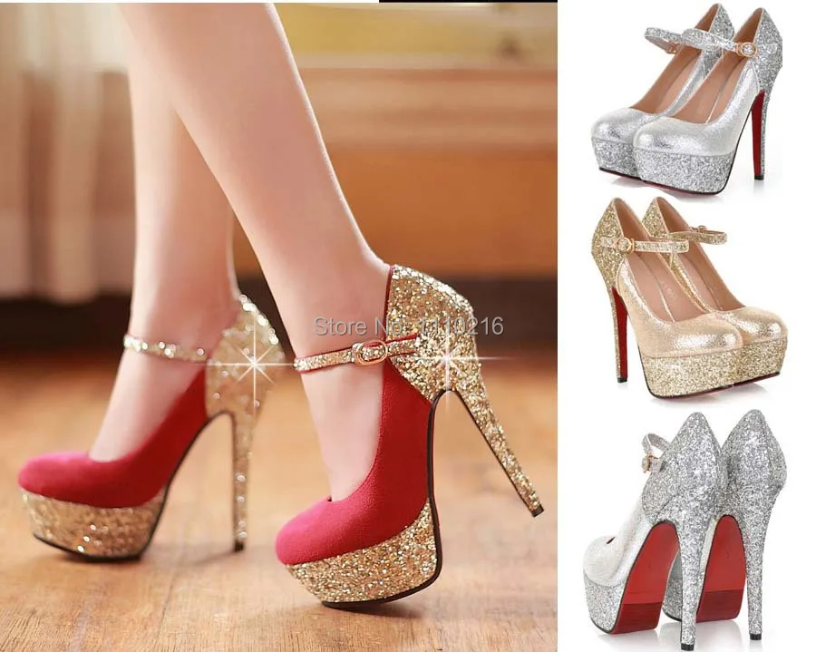 2016 spring new fashion strappy thin high heels platform wedding buckle pumps sexy glitter party ankle