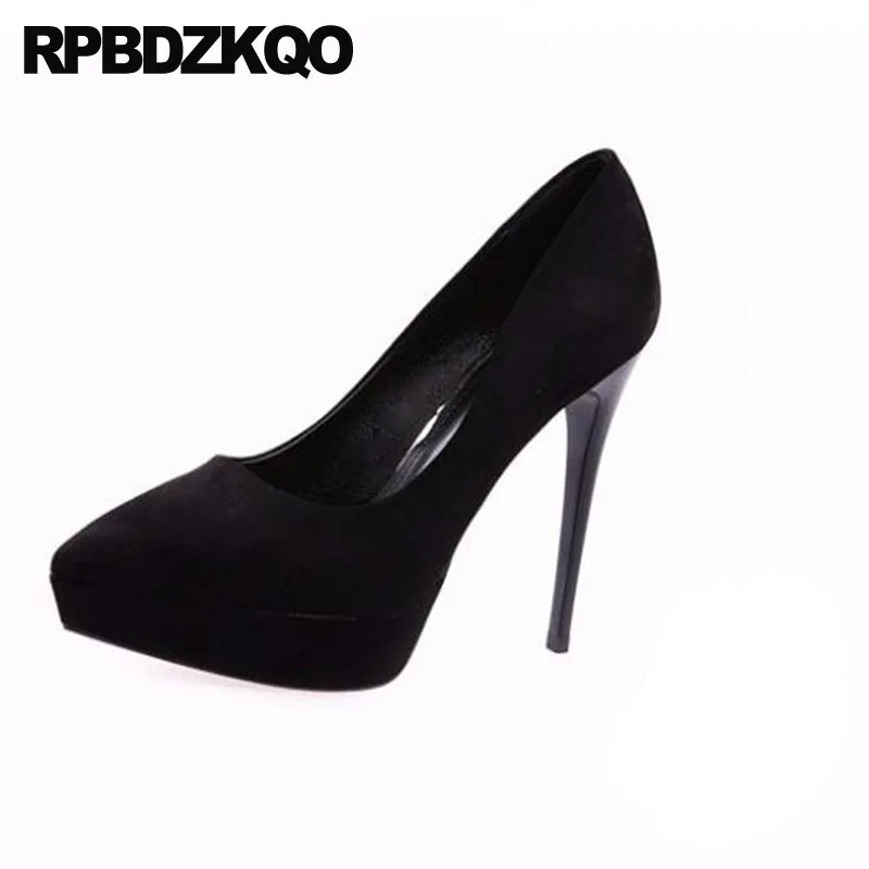 Classic Fetish Size 4 34 Suede Extreme 12cm 5 Inch Pointed Toe Scarpin Ultra Platform Shoes Women Super High Heels Catwalk Pumps