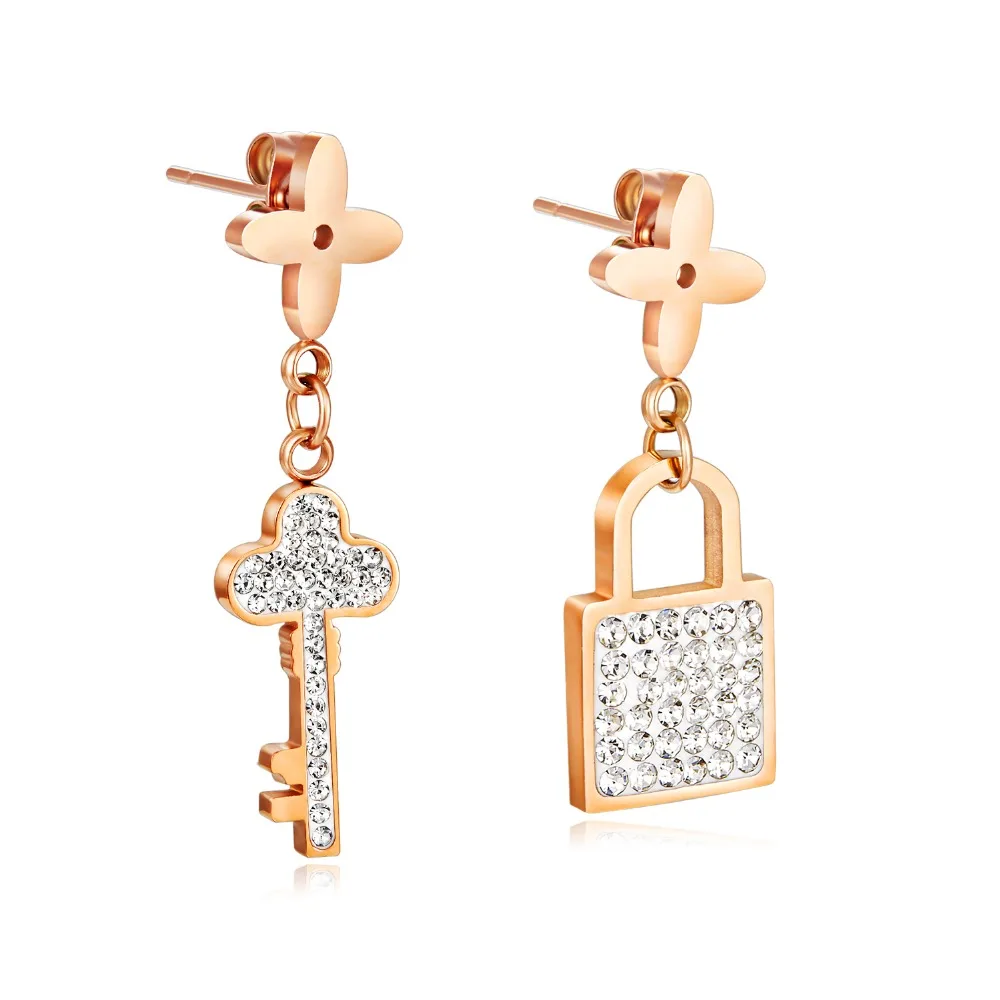 

New Fashion Rose Gold Stainless Steel Drop Earrings Asymmetry Tassel Key&Lock Mosaic Zircon Women's Ear Jewelry Gift EZ039