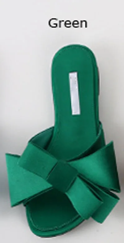 Flat Heels Green Летняя шелковая обувь с бантом; женские сандалии с большим бантом; шлепанцы на низком Плоском Каблуке; женские Вьетнамки с бантом; сандалии с квадратным носком; шлепанцы без задника - Цвет: Flat Heels Green