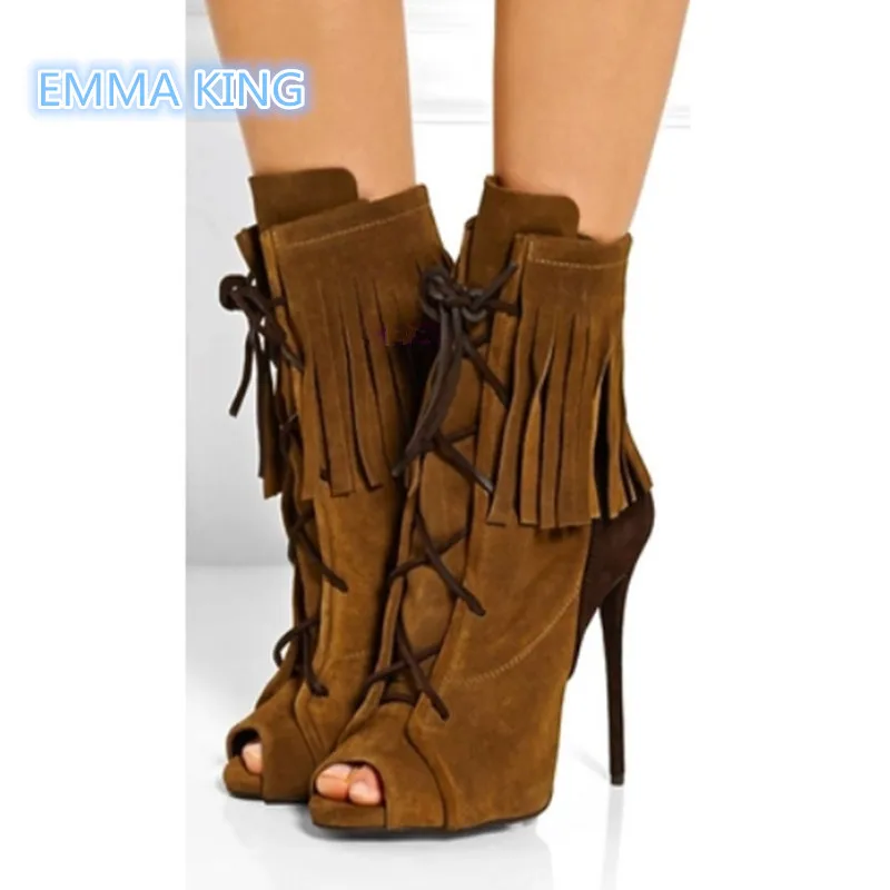 

Spring Autumn Lace-Up Fringe Sexy Ankle Boots Women Peep Toe Stilettos Fashion Martin Boots Solid Suede Roman Style Short Bootie