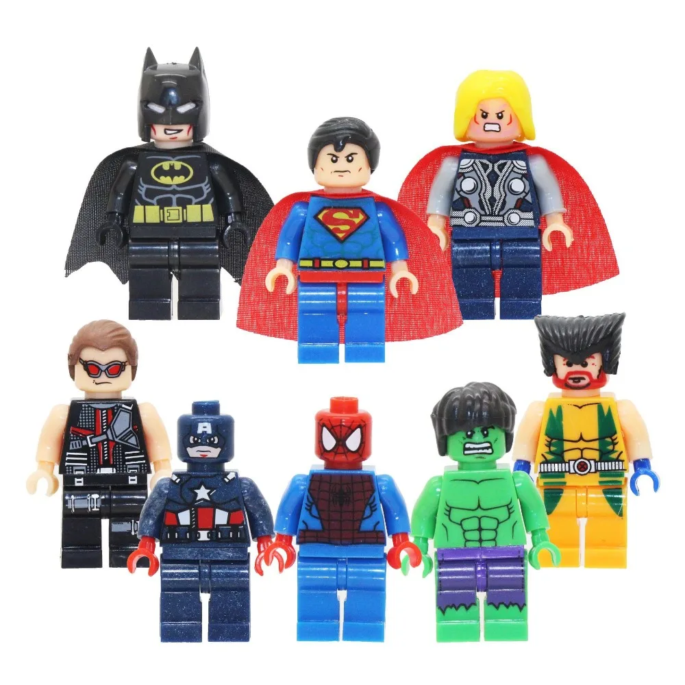 

8pcs Super Hero Figure Set Spiderman Batman Hulk Thor Wolverine Super Man Building Blocks sets models Bricks Toys