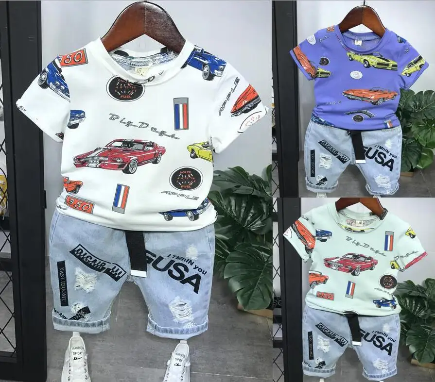 

Toddler Summer Kids Baby Boy Clothes Set Cotton Letter Short Sleeve T-Shirt Tops Denim Jeans Shorts Pants 2PCS Outfits Set