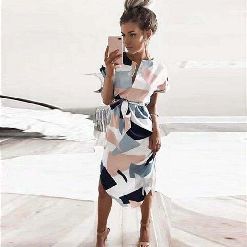 

2019 Women Summer Beach Dress Lady Female V-Neck Maxi Geometric Output Beach Dress Sashes Women's Retro Dress With Belt Vestidos