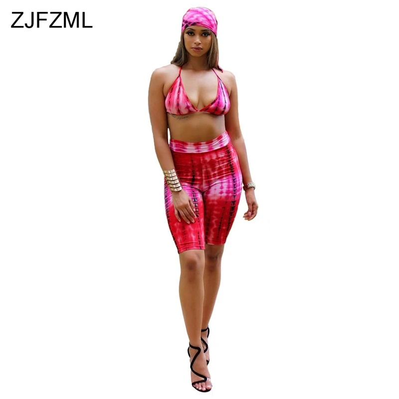 ZJFZML пикантные 3 предмета Комплект Для женщин летний платок + V шеи укороченный топ без рукавов + Фитнес шорты пляжные принтом комплект одежды