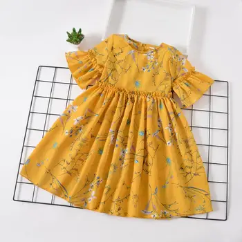

Kid Clothes Girl 2019 Summer Dress Casual Flare Short Sleeves Flare Sleeve Ruched Floral Print Girls kids dresses for girls G009