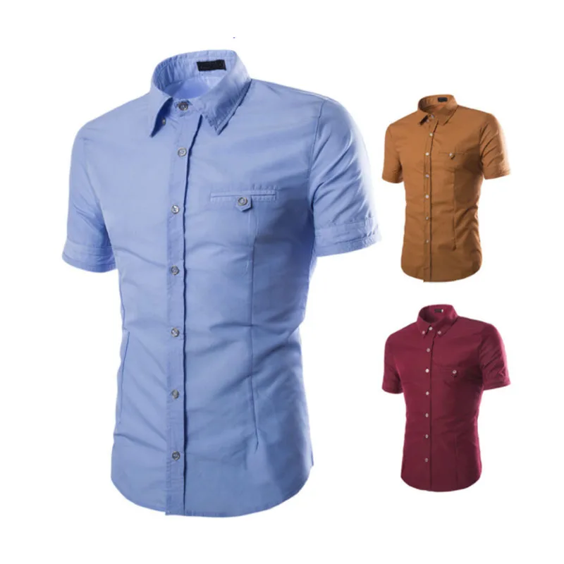 

Dropshipping Casual Shirts Men 2019 Brand Korean Pure Color Short Sleeve Dress Shirt Chest Pocket Slim Fit Men's Clothing Black