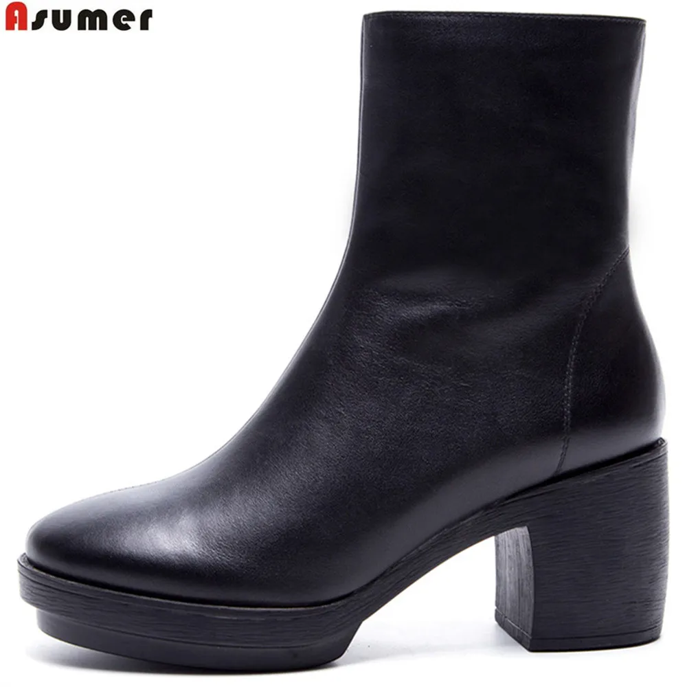 

Asumer black fashion women boots round toe ladies genuine leather boots zipper square heel cow leather ankle boots
