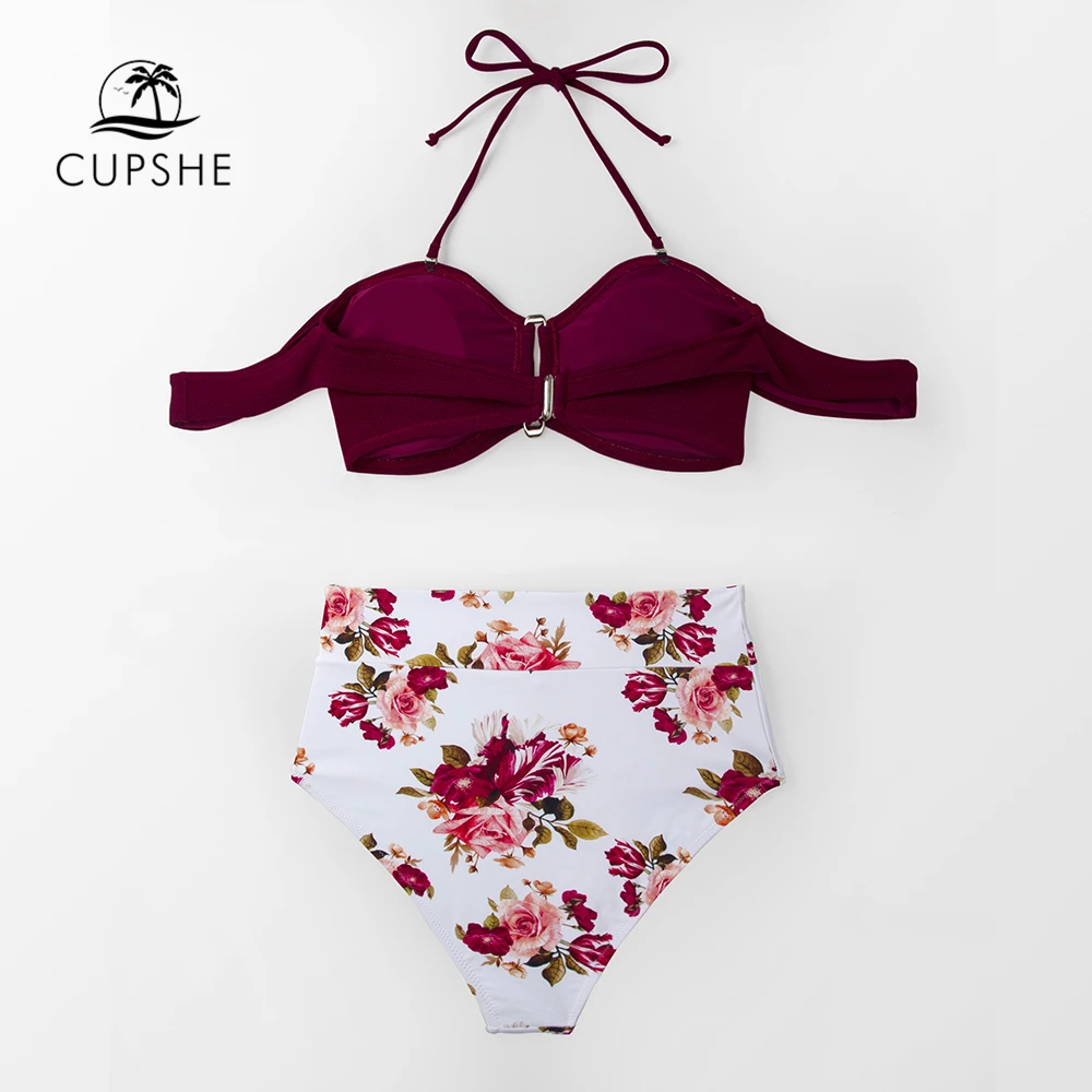 Conjunto de Bikini de cintura alta con estampado Floral y Borgoña 2019 para mujer trajes de baño