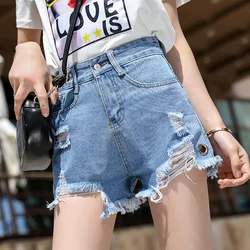 Summer New Fashionable High Waist Plus Size Women Denim Shorts Loose Hole Brushed Metal Ring Decoration Female Short Pants Summer New Fashionable High Waist Plus Size Women Denim Shorts Loose Hole Brushed Metal Ring Decoration Female Short Pants
