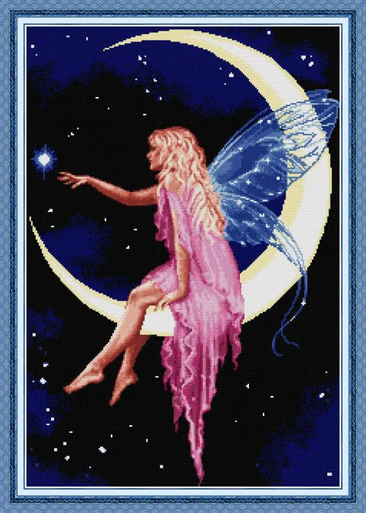 The Moon Fairy Paintings Aida Canvas Cross-stitch DIY Handwork Crafts Beginner Embroidery Sets Wholesale Home Decor Needlework