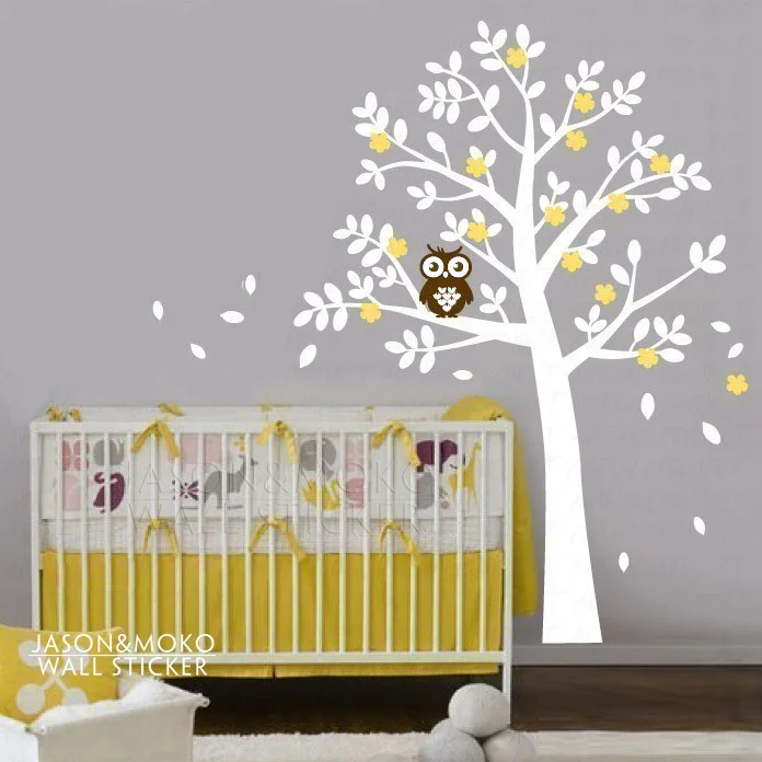 

Rounded Leaf Tree with flowers and a owl wall decal tree wallpaper Baby Room 190*200CM Free shipping
