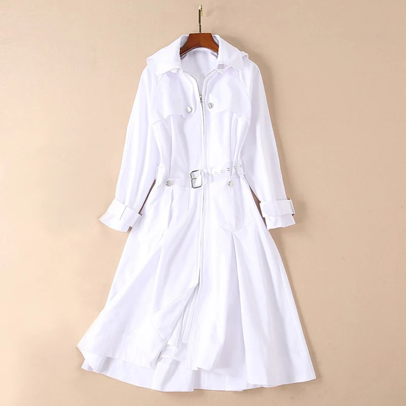 

winter dresses women 2018 runway high quality woman clothes white dress button front zipper buckle belt a line hoodie dress