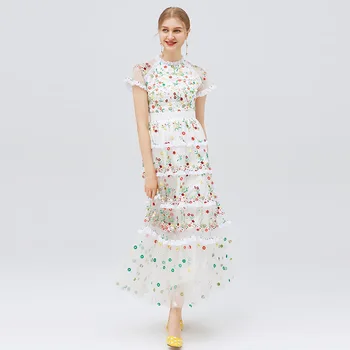 

Luxury Runway Dress Designers 2020 New Arrival Summer Women Elegant Ladies Mesh Rose Floral Embroidery Long Maxi Party Dress