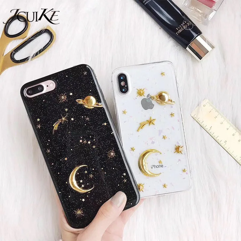 Glitter Planet Moon Phone Case For iphone X Cases Black&ampClear TPU Back Cover 6 6S 7 8 Plus Fashion Soft Shell Fundas | Мобильные