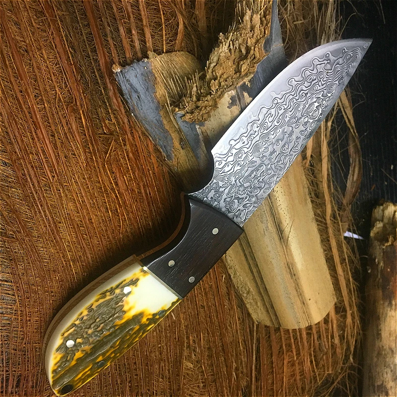 PEGSAI 60 HRC ручной работы дамасский охотничий прямой нож желтый сандалии/черное дерево ручка с растительного дубления кожа оболочка