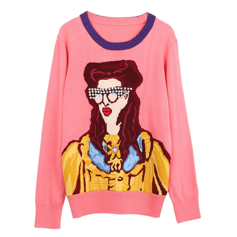 

2018 New Pullover Sweater Women Runway Designer Beading Cartoon Glasses Girl Pattern Basic Autumn Winter Knitwear Jumpers Cotton