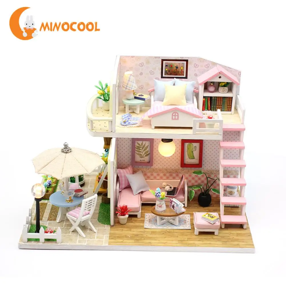 DIY Handmade Doll House Pink Attic Handmade Educational Cottage Wooden