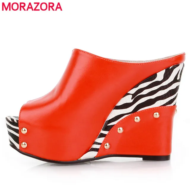 MORAZORA White and black color Women's sandals Sexy wedges High Heels Summer Shoes Ladies PU peep toe Platform